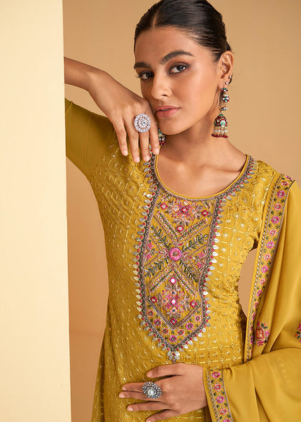 Yellow Floral Embroidered Palazzo Suit
