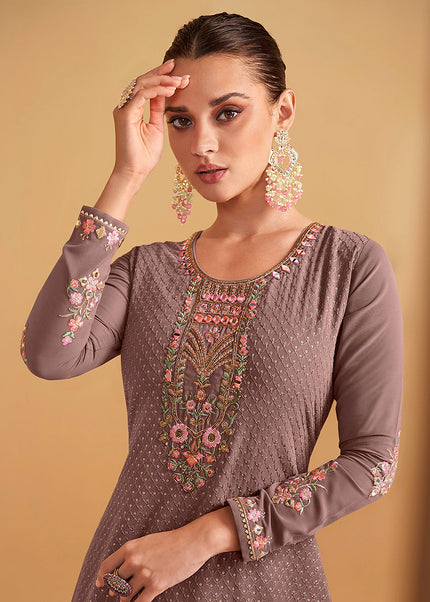 Grey Floral Embroidered Palazzo Suit