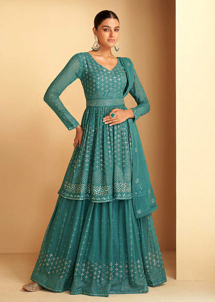 Sea Green and Gold Embroidered Sharara Suit