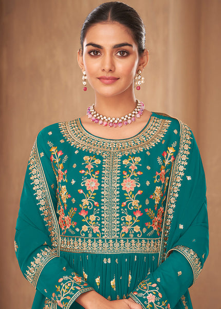 Turquoise and Gold Embroidered Sharara Suit
