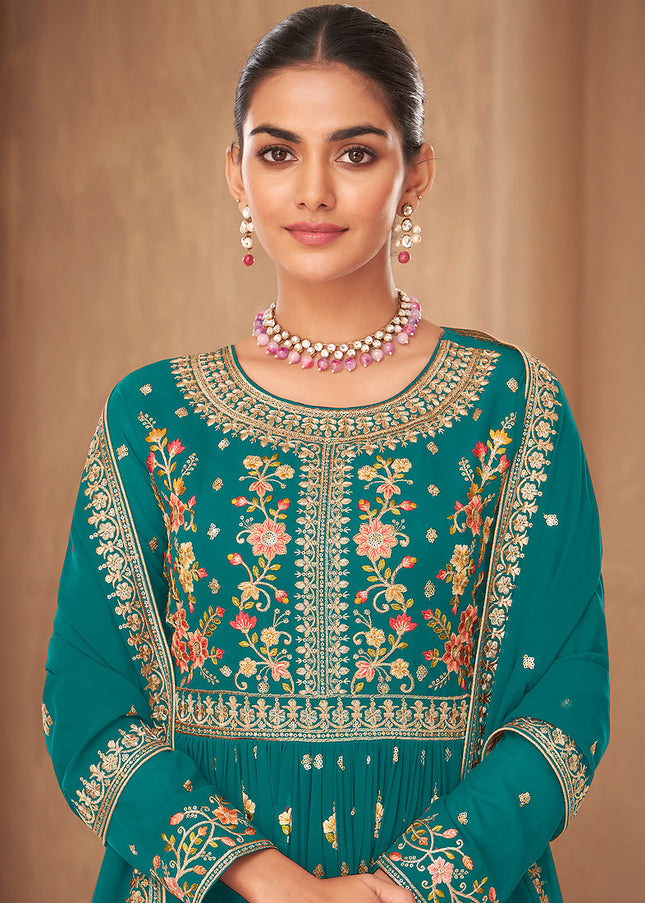 Turquoise and Gold Embroidered Sharara Suit