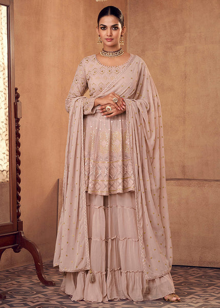 Nude and Gold Embroidered Sharara Suit