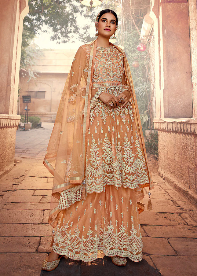 Peach Heavy Embroidered Sharara Suit