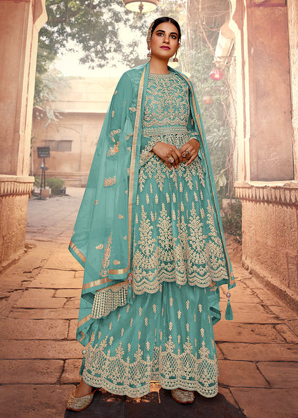 Aqua Heavy Embroidered Sharara Suit