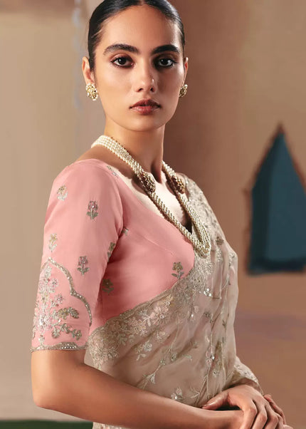 Grey and Pink Embroidered Festive Saree