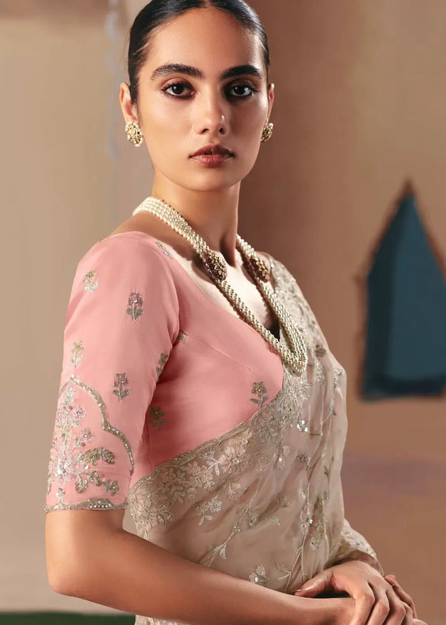 Grey and Pink Embroidered Festive Saree