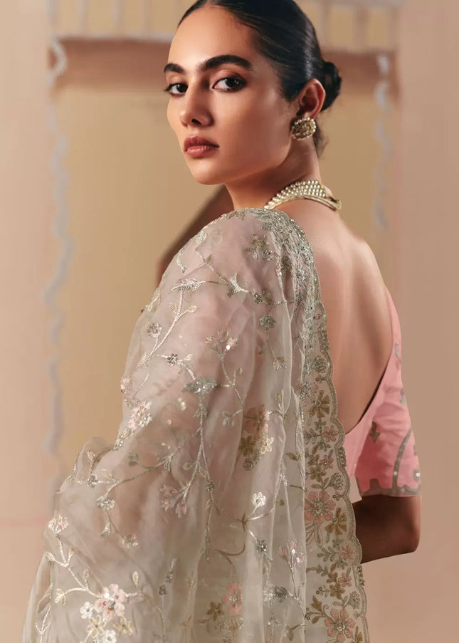 Grey and Pink Embroidered Festive Saree