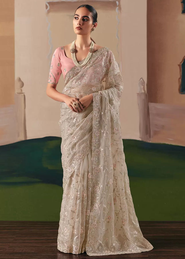 Grey and Pink Embroidered Festive Saree