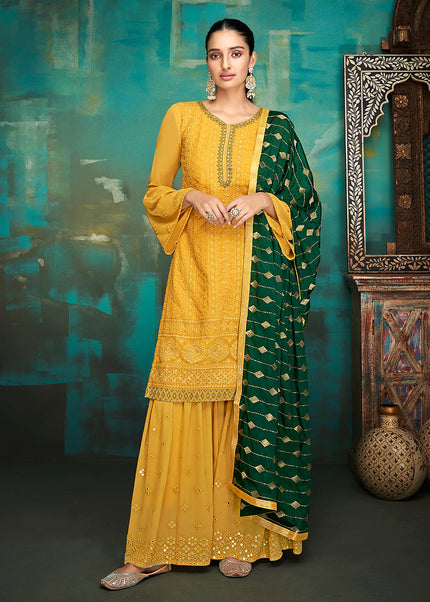 Yellow and Green Embroidered Sharara Suit