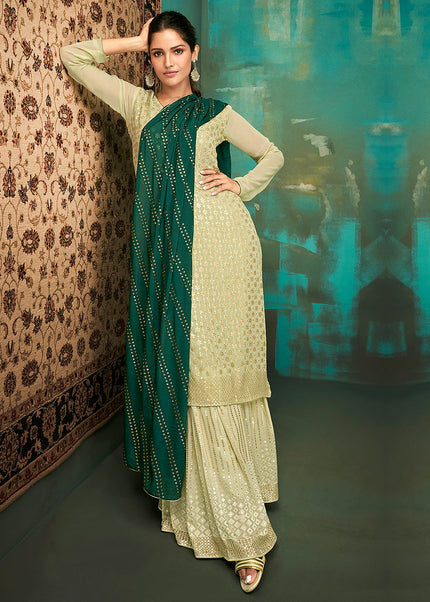Offwhite and Gold Embroidered Sharara Suit
