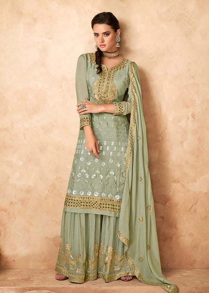 Light Green and Gold Embroidered Sharara Suit