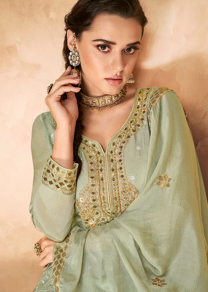 Light Green and Gold Embroidered Sharara Suit