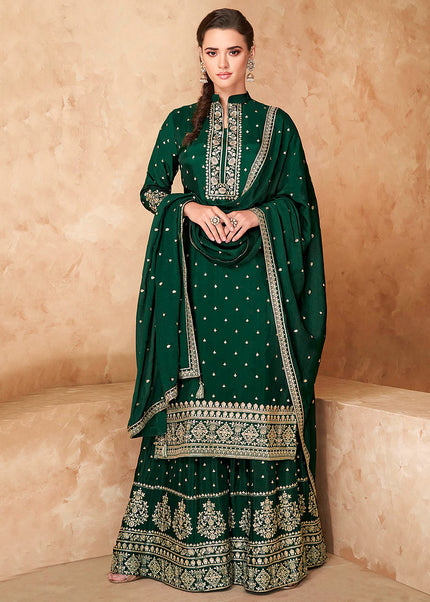 Green and Gold Embroidered Sharara Suit