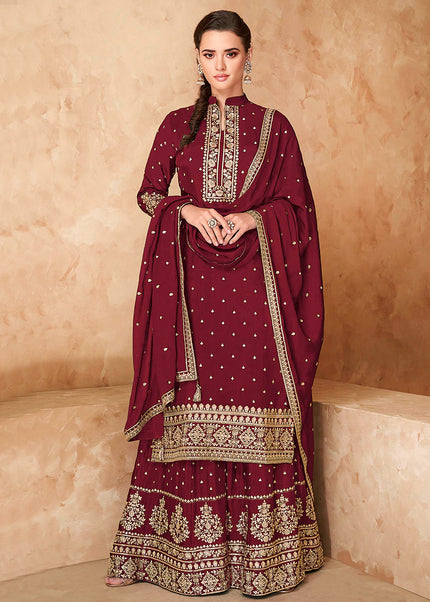 Maroon and Gold Embroidered Sharara Suit