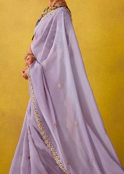 Lavender and Blue Embroidered Festive Saree