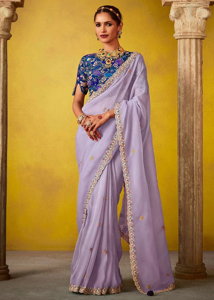 Lavender and Blue Embroidered Festive Saree