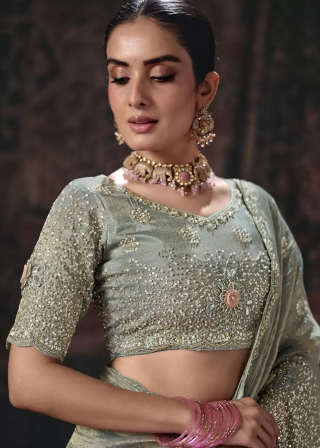 Grey Embroidered Wedding Saree