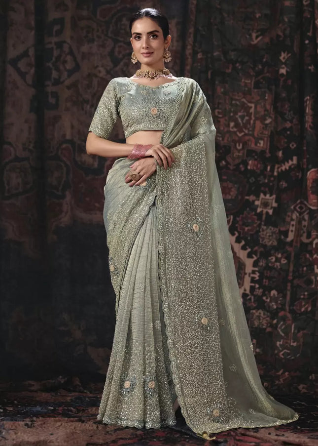 Grey Embroidered Wedding Saree
