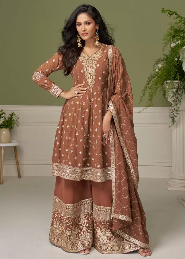 Brown Embroidered Sharara Suit