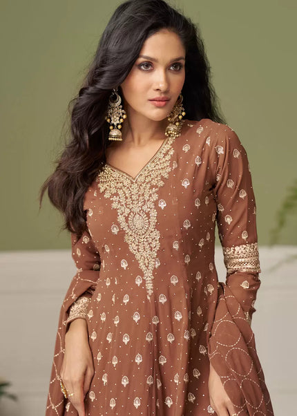 Brown Embroidered Sharara Suit
