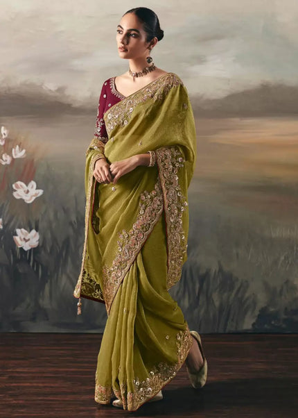Green and Maroon Embroidered Festive Saree