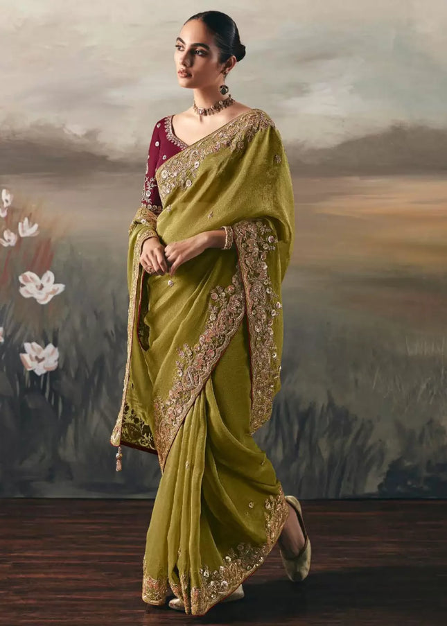 Green and Maroon Embroidered Festive Saree