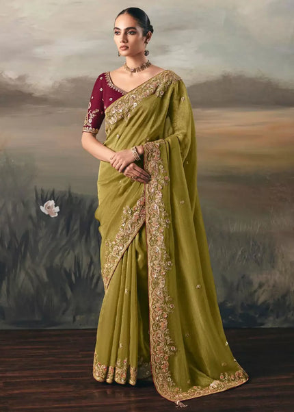 Green and Maroon Embroidered Festive Saree