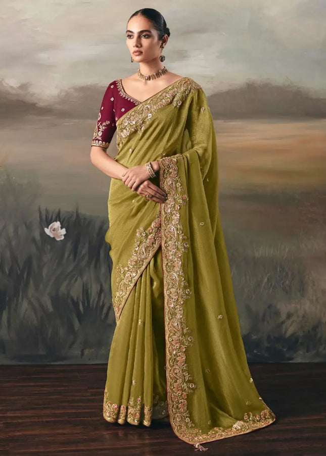 Green and Maroon Embroidered Festive Saree