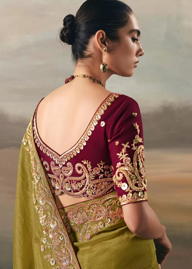 Green and Maroon Embroidered Festive Saree