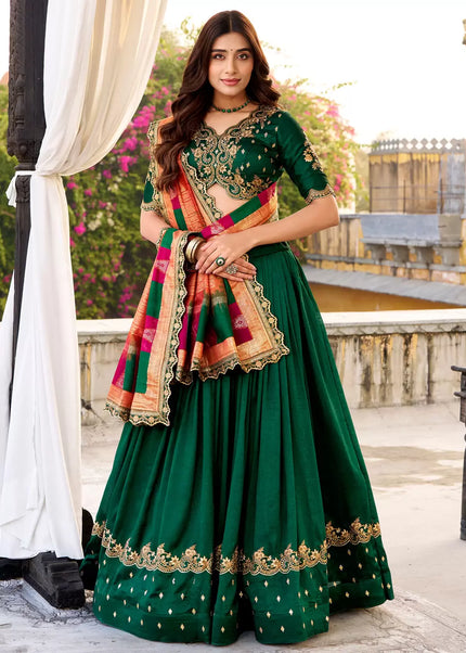 Green Printed and Embroidered Lehenga Choli