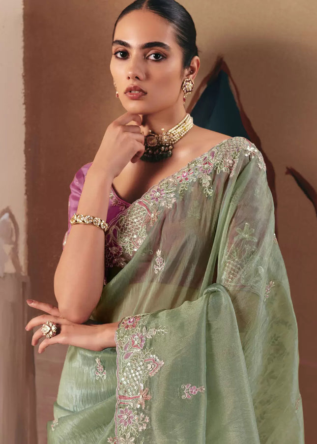 Pink and Sea Green Embroidered Festive Saree