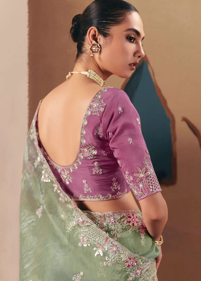 Pink and Sea Green Embroidered Festive Saree