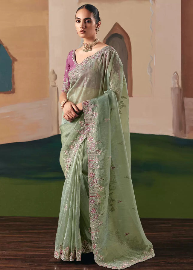 Pink and Sea Green Embroidered Festive Saree