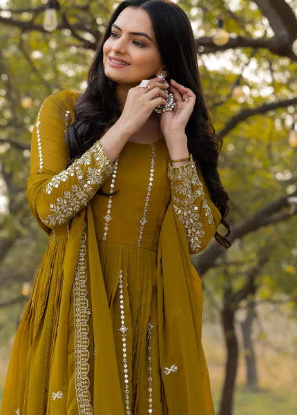 Mustard Yellow Embroidered Anarkali Gown