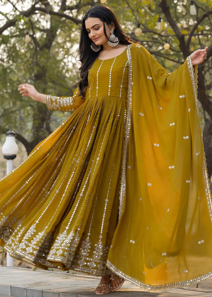 Mustard Yellow Embroidered Anarkali Gown