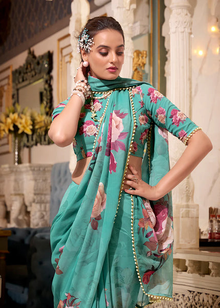 Turquoise Floral Printed Saree
