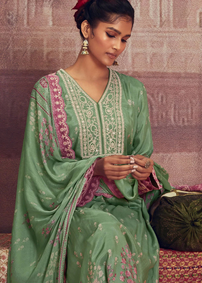 Green and Pink Embroidered Pant Syle Suit