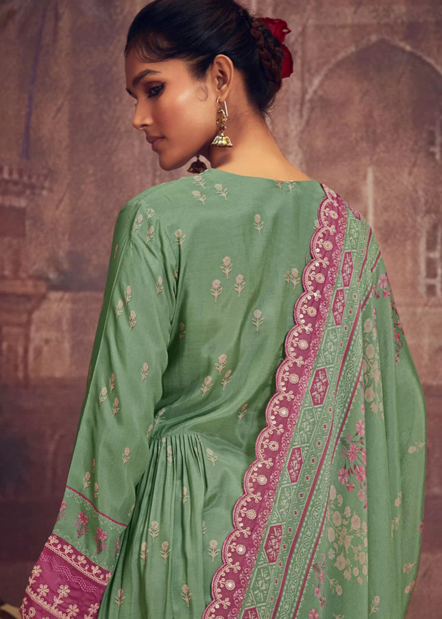 Green and Pink Embroidered Pant Syle Suit