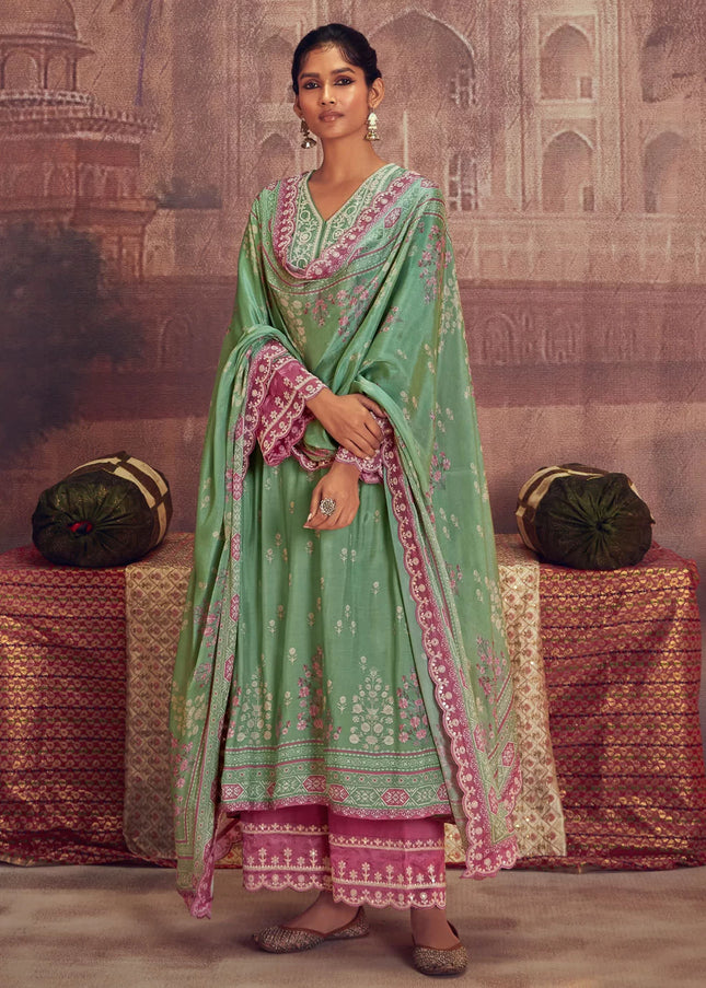 Green and Pink Embroidered Pant Syle Suit