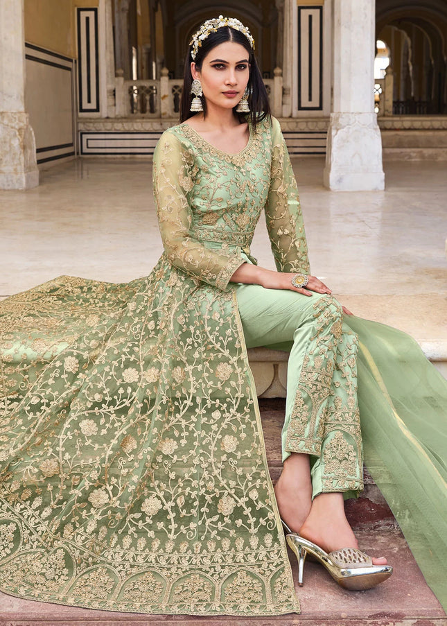 Light Green and Gold Embroidered Lehenga/ Pant Style Anarkali