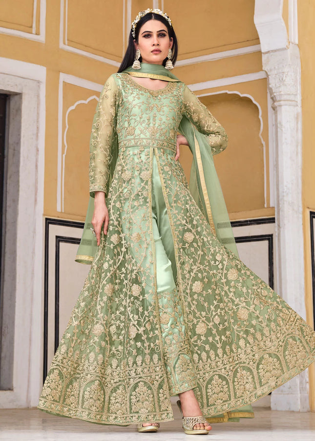 Light Green and Gold Embroidered Lehenga/ Pant Style Anarkali