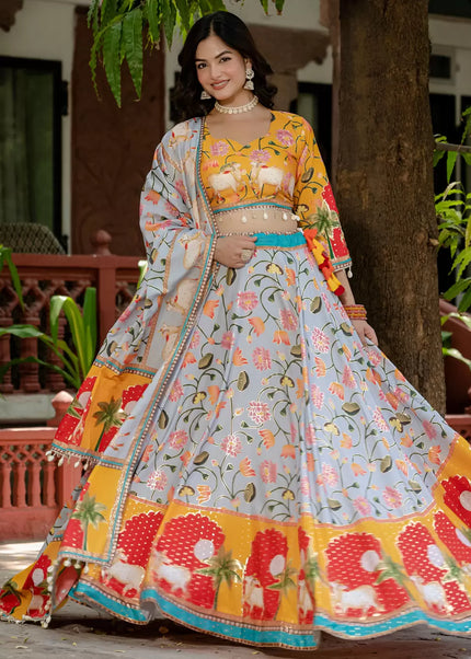 Yellow and Grey Embroidered Lehenga Choli