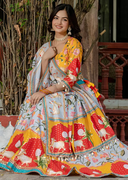 Yellow and Grey Embroidered Lehenga Choli