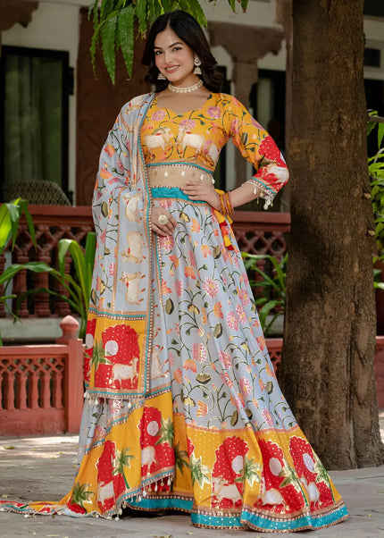 Yellow and Grey Embroidered Lehenga Choli