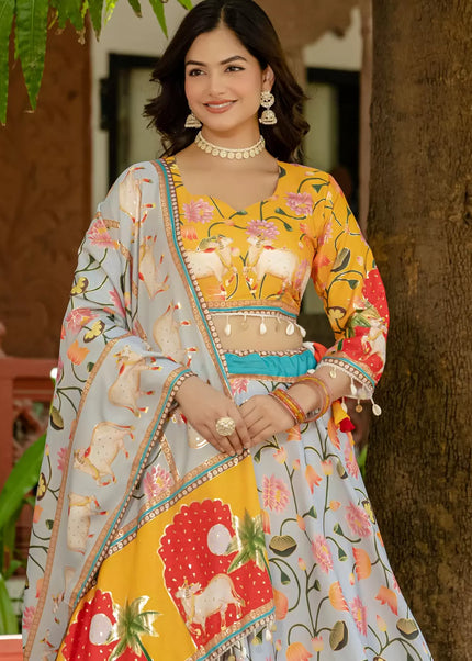 Yellow and Grey Embroidered Lehenga Choli