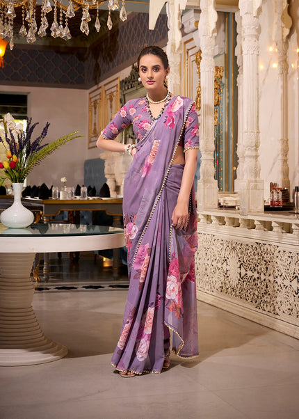 Lavender Floral Printed Saree