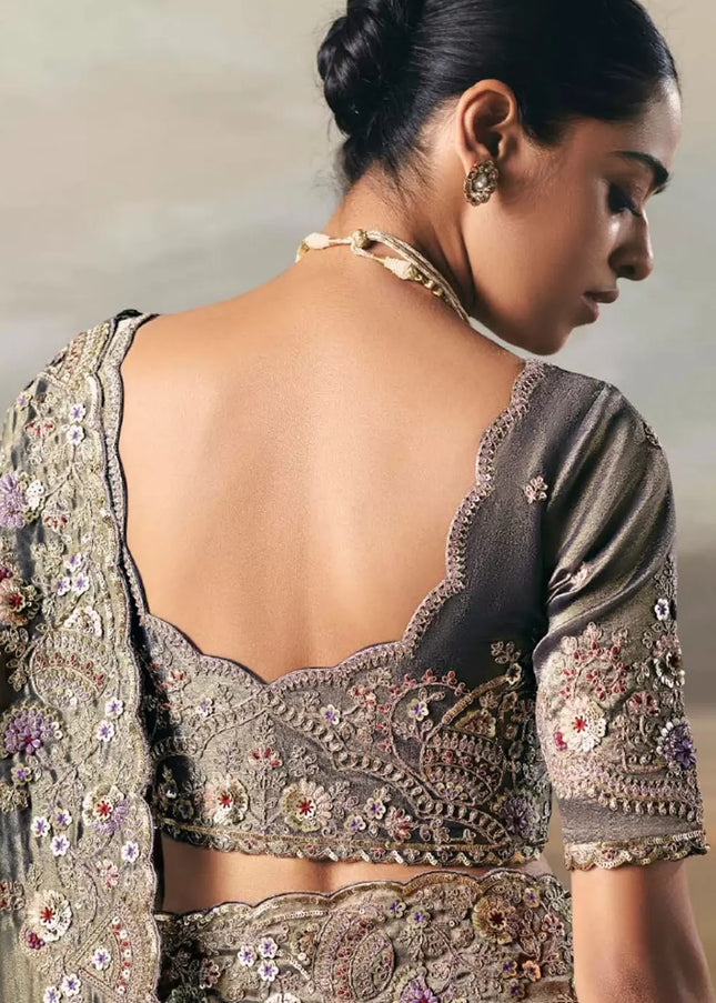 Grey Embroidered Festive Saree