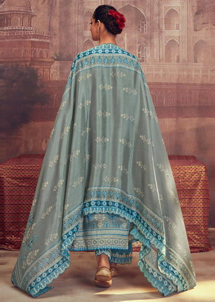 Grey and Blue Embroidered Pant Syle Suit