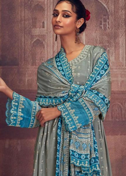Grey and Blue Embroidered Pant Syle Suit