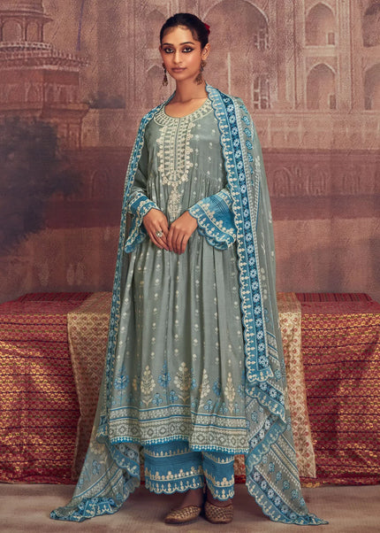 Grey and Blue Embroidered Pant Syle Suit